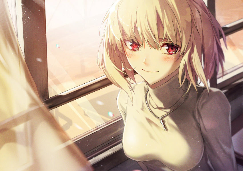 1girl antenna_hair arcueid_brunestud bangs blonde_hair blush breasts closed_mouth commentary_request day hair_intakes highres jewelry large_breasts light_particles light_rays long_sleeves looking_at_viewer melty_blood necklace red_eyes satsuki_(satsuki_art) short_hair smile solo sunlight sweater tsukihime tsukihime_(remake) turtleneck type-moon upper_body white_sweater