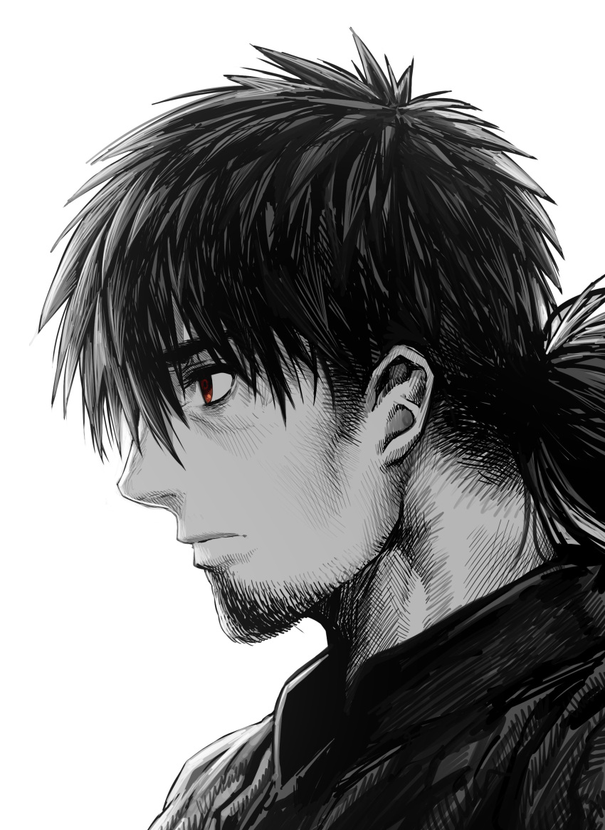 1boy absurdres beard black_hair boroboro_no_elf-san_o_shiawaseni_suru_kusuri_uri-san brown_eyes commentary facial_hair from_side gibagiba greyscale highres kusuriuri-san male_focus monochrome profile solo spot_color white_background