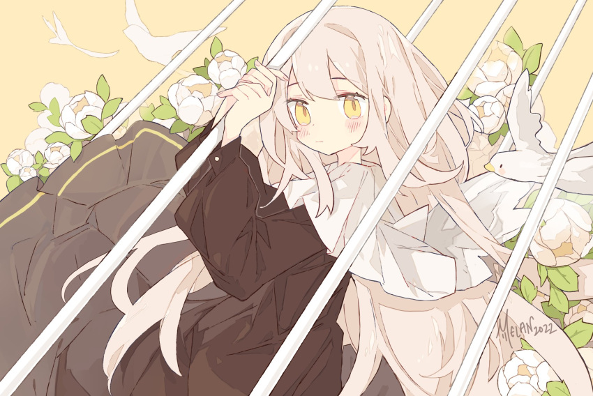 1girl artist_name bangs bird birdcage blush brown_dress cage commentary dove dress english_commentary fingernails flower highres holding_bars in_cage long_hair melanbread original sidelocks signature solo white_bird white_flower white_hair yellow_background yellow_eyes