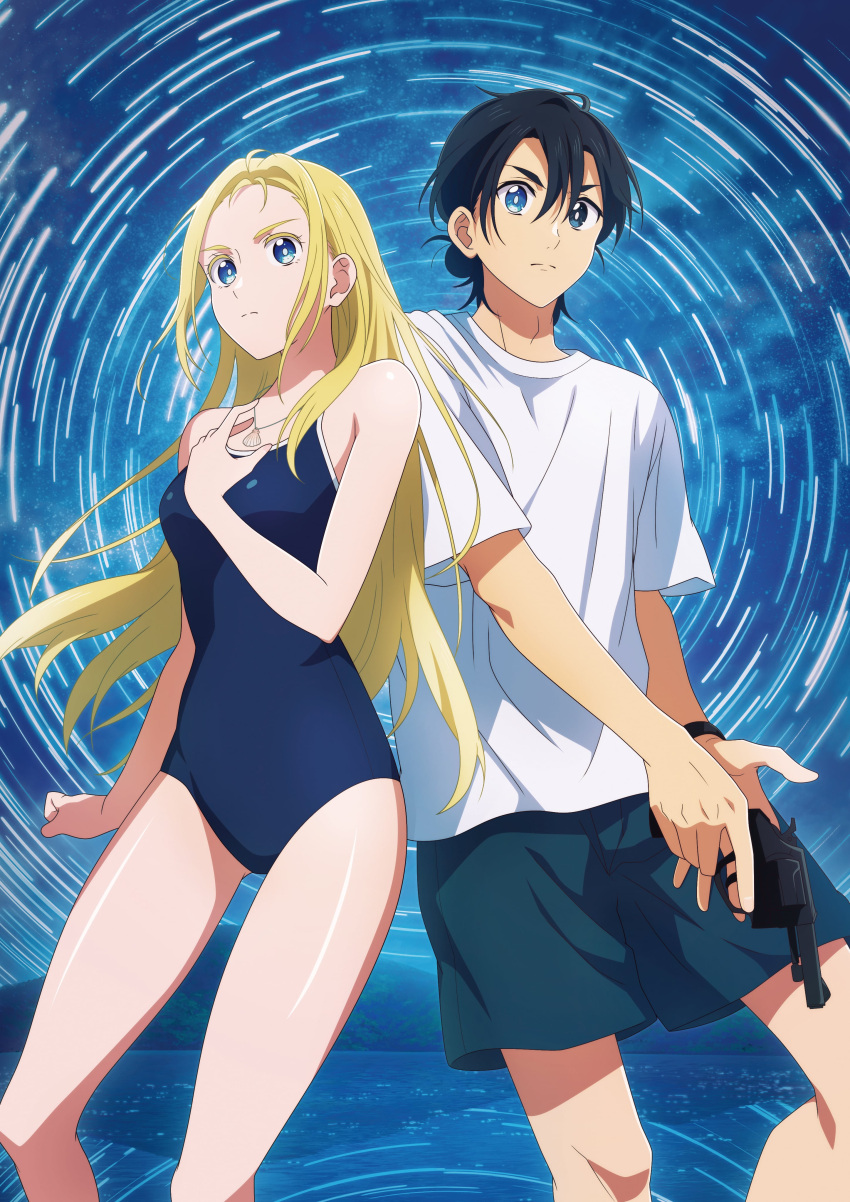 1boy 1girl absurdres ajiro_shinpei bare_arms blonde_hair blue_eyes blue_one-piece_swimsuit closed_mouth commentary_request competition_school_swimsuit gun hair_between_eyes handgun heterochromia highres holding holding_gun holding_weapon jewelry key_visual kofune_ushio long_hair looking_at_viewer necklace official_art one-piece_swimsuit promotional_art revolver school_swimsuit seashell shell shell_necklace summertime_render swimsuit very_long_hair weapon