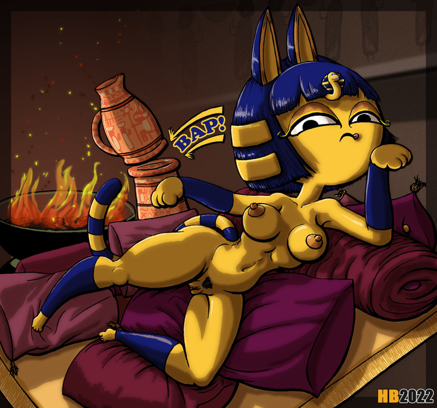 animal_crossing ankha_(animal_crossing) anthro breasts domestic_cat egyptian felid feline felis female genitals hentai_boy hi_res hieroglyphics mammal nintendo nude pussy solo solo_focus tongue_bath video_games