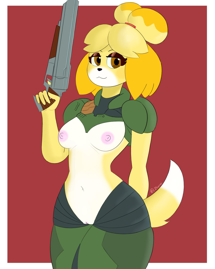 2020 absurd_res accessory animal_crossing anthro areola armor breasts canid canine canis clothing domestic_dog doom_eternal female genitals green_clothing gun hair hair_accessory hairband hi_res holding_gun holding_object holding_weapon isabelle_(animal_crossing) mammal nintendo nipples orange_eyes pink_areola pink_nipples praetor_suit pussy ranged_weapon shih_tzu shotgun smile solo super_shotgun thick_thighs toy_dog video_games weapon yellow_body zhenai