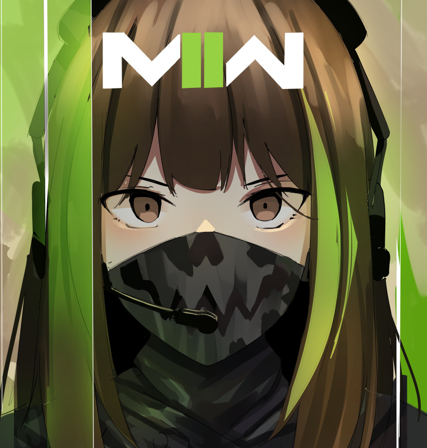 1girl absurdres bangs black_mask brown_eyes brown_hair call_of_duty call_of_duty:_modern_warfare_2 gar32 girls'_frontline green_hair headphones headset highres logo long_hair looking_at_viewer m4a1_(girls'_frontline) mask mouth_mask multicolored_hair parody portrait scarf solo streaked_hair