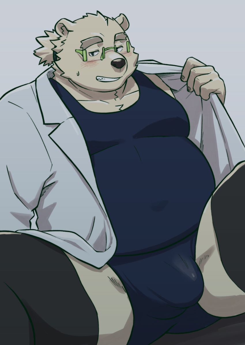 anthro belly blush bulge clothing coat eyewear glasses grin hi_res lab_coat legwear leib_(tas) lifewonders male mammal navel one-piece_swimsuit overweight polar_bear smile solo swimwear thigh_highs tight_clothing tokyo_afterschool_summoners topwear ursid ursine video_games yukimushi6