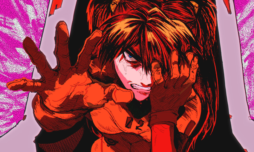 1girl absurdres angry blue_eyes bodysuit breasts covering_one_eye derivative_work end_of_evangelion highres looking_at_viewer my_nameisyoon neon_genesis_evangelion nose orange_hair pilot_suit pink_background plugsuit red_bodysuit screencap_redraw solo souryuu_asuka_langley teeth