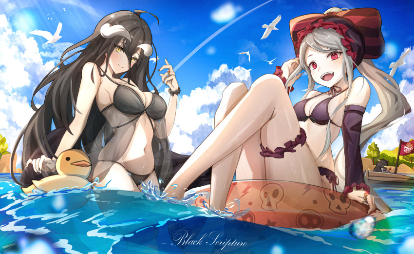 2girls :d absurdres ahoge albedo_(overlord) animal bangs bare_shoulders bikini bird black_bikini black_bow blue_sky blush boat bow breasts brown_hair cleavage cloud demon_girl detached_sleeves eclair_ecleir_eicler fang fingernails grey_hair hair_bow happy highres horns humany innertube jewelry knees_up large_breasts long_hair medium_breasts multiple_girls navel ocean overlord_(maruyama) penguin ponytail red_bow ring rubber_duck see-through shalltear_bloodfallen sharp_fingernails shiny shiny_hair skull_print sky smile soaking_feet stomach swimsuit wading water watercraft