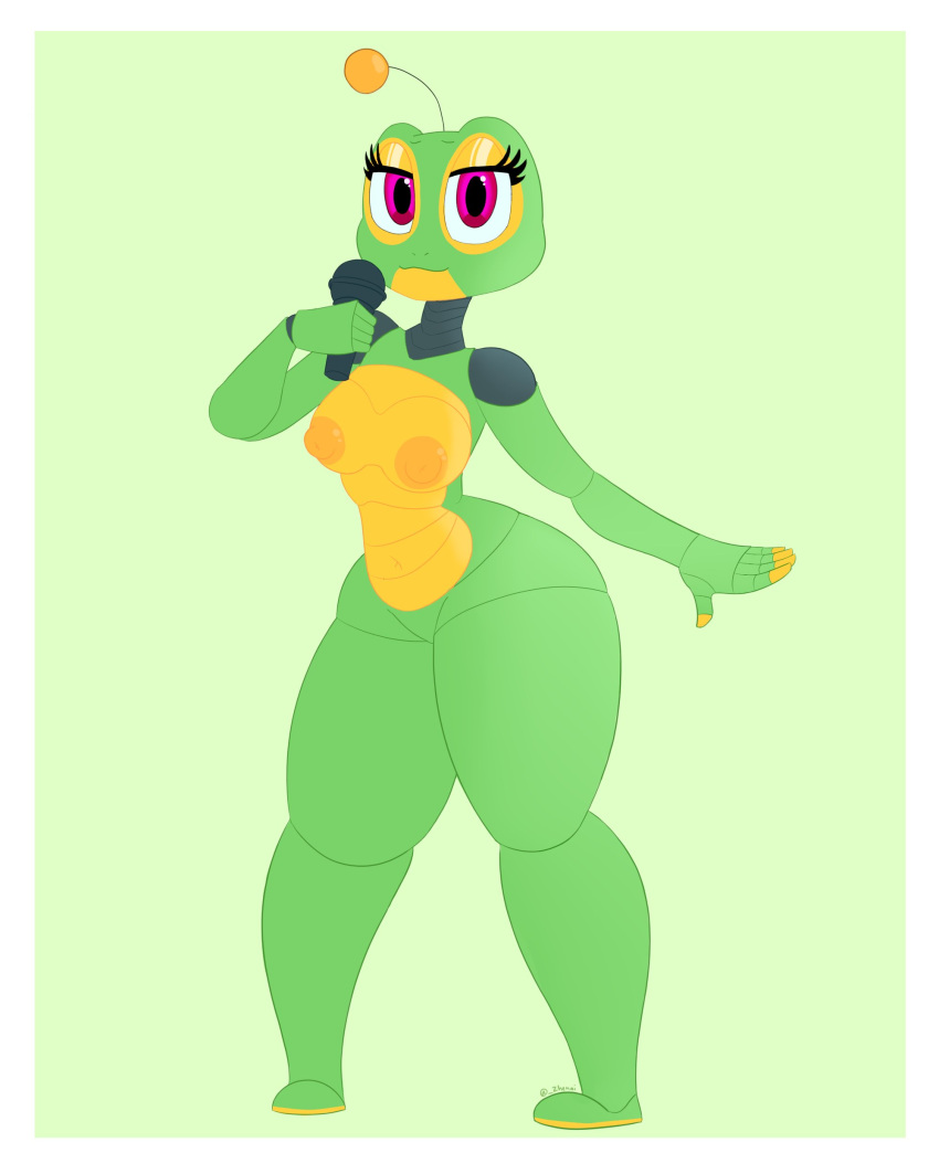 2020 5_fingers absurd_res amphibian animatronic antenna_wire anthro areola female fingers five_nights_at_freddy's freddy_fazbear's_pizzeria_simulator frog full-length_portrait green_body happy_frog_(fnaf) hi_res machine microphone nipples orange_areola orange_nipples pink_eyes portrait robot scottgames simple_background smile solo thick_thighs video_games zhenai