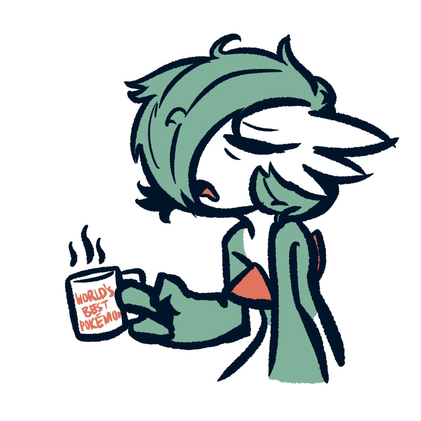 1:1 3_fingers advos ambiguous_gender anthro beverage coffee_mug container cup digital_media_(artwork) english_text eyes_closed fingers gardevoir generation_3_pokemon green_body green_hair hair hi_res holding_object nintendo not_furry open_mouth pokemon pokemon_(species) simple_background solo text text_on_mug video_games
