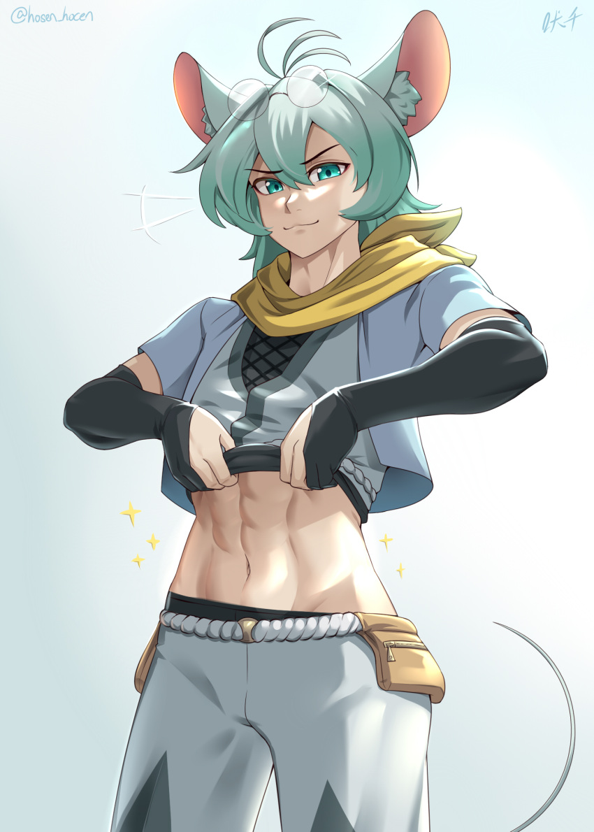 1boy abs ahoge animal_ears clothes_lift detached_sleeves fingerless_gloves glasses gloves green_eyes green_hair highres looking_at_viewer mouse_boy mouse_ears mouse_tail original pants scarf shirt_lift short_hair simple_background solo tail vilde_loh_hocen yellow_scarf