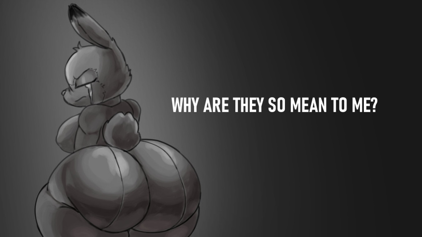 anthro big_breasts big_butt bodily_fluids bottomwear breasts butt clothing crying disney english_text eyes_closed female hi_res huge_butt huge_hips huge_thighs johan_memoris judy_hopps judy_hopps_allegation_challenge lagomorph leporid mammal monochrome pants question_mark rabbit shirt solo tears text thick_thighs topwear wide_hips zootopia