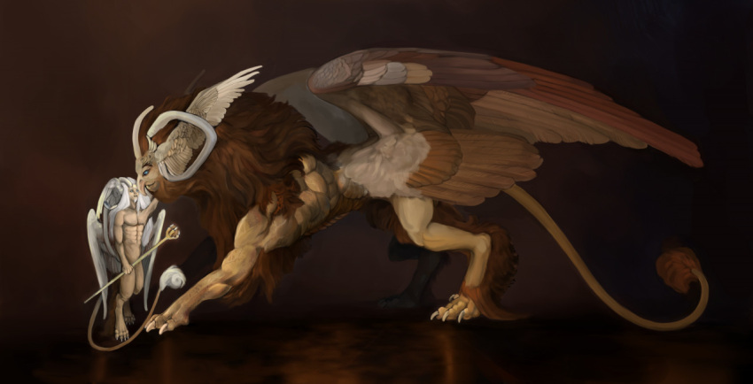 ambiguous_gender angel anthro biceps brown_background brown_body brown_hair classical claws deity demon diorionarh duo eye_contact feathered_wings feathers feral fur hair horn looking_at_another male muscular muscular_male mythology nude paws renaissance simple_background stick tail_motion tailwag unknown_species wings