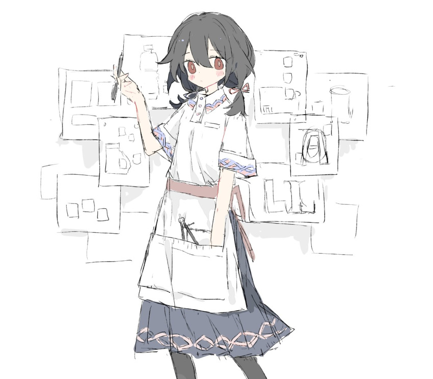 1girl apron bangs between_fingers black_hair black_pantyhose blue_skirt blush breast_pocket brown_eyes buttons collared_shirt commentary drawing english_commentary hair_between_eyes hair_ribbon hand_in_pocket holding holding_pen long_skirt melanbread original pantyhose pen pleated_skirt pocket protractor ribbon shirt sketch skirt solo waist_apron white_background white_shirt