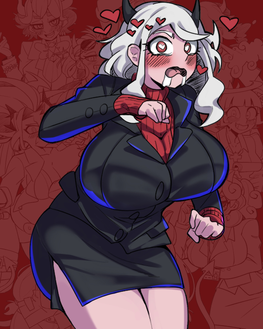 1girl blush breasts crazy_agong demon_girl demon_horns drooling heart heart-shaped_pupils helltaker highres horns large_breasts looking_at_viewer modeus_(helltaker) red_eyes shirt short_hair skirt solo suit_jacket sweater symbol-shaped_pupils turtleneck turtleneck_sweater white_shirt