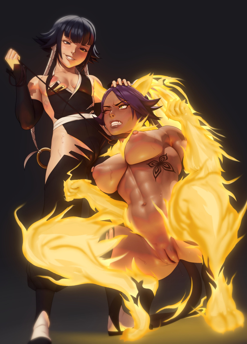 2girls absurdres animal_ears black_thighhighs bleach breasts cat_ears cat_tail covered_nipples dark-skinned_female dark_skin femdom glowing hand_on_another's_head highres john_doe leash looking_at_another multiple_girls muscular muscular_female nipple_slip nipples pussy shihouin_yoruichi smile squatting standing sui-feng tail thighhighs yuri