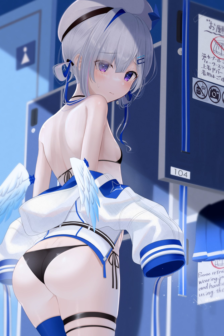 1girl amane_kanata angel angel_wings ass back beret bikini blue_hair blush colored_inner_hair feathered_wings flat_chest grey_hair hair_ornament hair_rings hairclip hat highres hololive jacket jacket_partially_removed kachikachipiroo locker locker_room looking_at_viewer looking_back medium_hair multicolored_hair purple_eyes single_thighhigh solo string_bikini swimsuit thigh_strap thighhighs undressing virtual_youtuber wings zettai_ryouiki