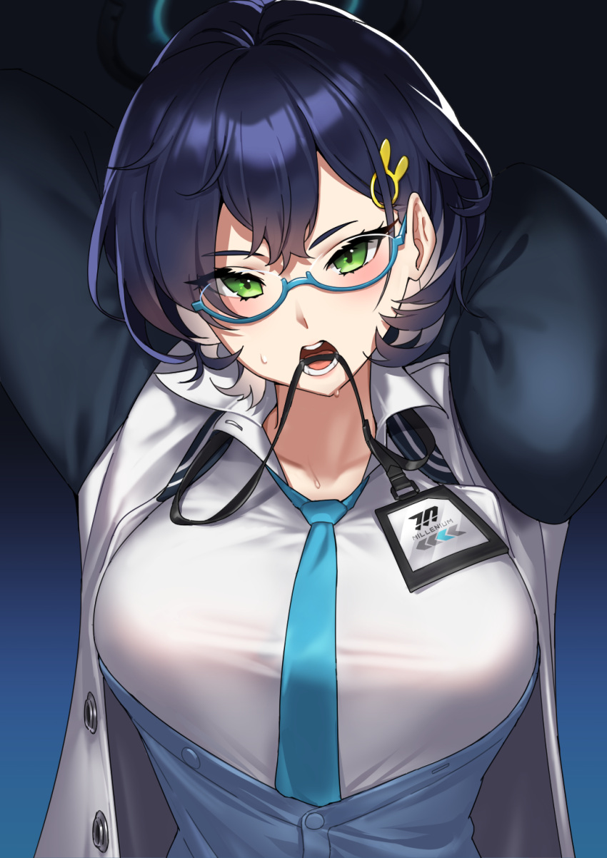 1girl arms_behind_head bangs black_hair blue_archive blue_cardigan blue_necktie blush breasts bunny_hair_ornament cardigan chihiro_(blue_archive) glasses green_eyes hair_between_eyes hair_ornament halo highres id_card jacket large_breasts long_sleeves looking_at_viewer makarony multicolored_clothes multicolored_jacket necktie open_clothes open_collar open_jacket open_mouth semi-rimless_eyewear shirt short_hair solo sweat swept_bangs two-tone_jacket white_shirt