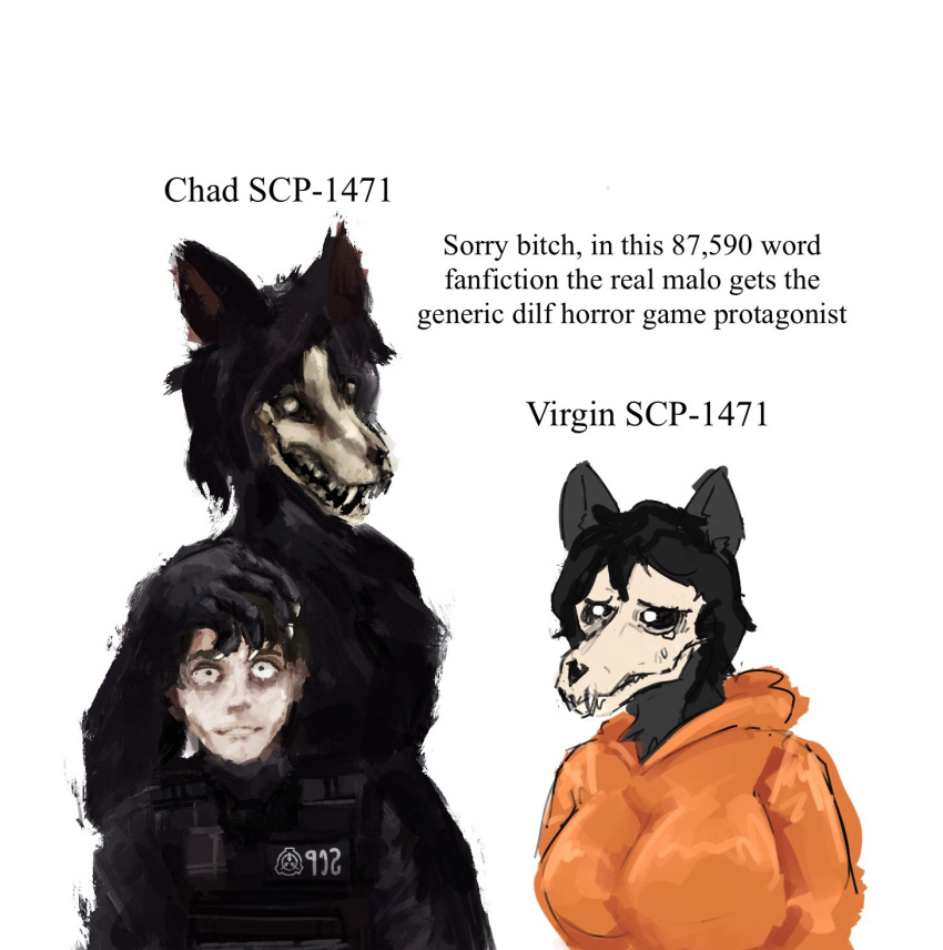 anon2000000 anthro big_breasts big_dom_small_sub black_body black_fur bodily_fluids bone breasts bulletproof_vest claws clothed clothing dialogue digital_media_(artwork) digital_painting_(artwork) dominant dominant_female english_text female fur group hair hi_res human human_on_anthro humor interspecies invalid_background jumpsuit larger_anthro larger_female looking_at_viewer male male/female mammal monster open_mouth orange_clothing orange_jumpsuit prison_uniform sad scp-1471 scp-1471-a scp_foundation simple_background size_difference skull smaller_human smaller_male startled submissive tears text topwear trio uniform white white_body white_skin