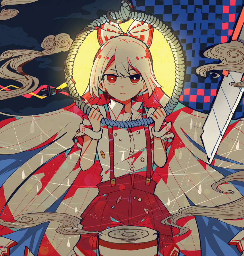 1girl backlighting bangs blade blunt_bangs bow boxcutter bright_pupils briquette_stove cable checkered_background closed_mouth collared_shirt cowboy_shot drugs electric_plug floating_hair fujiwara_no_mokou hair_bow hands_up high-waist_pants highres holding holding_rope itomugi-kun knife long_hair looking_at_viewer pants polka_dot puffy_pants red_eyes red_pants rope serious shirt shirt_tucked_in short_sleeves solo stove suspenders torn_clothes torn_sleeves touhou very_long_hair vignetting w_arms white_bow white_hair white_pupils white_shirt wing_collar wrist_cuffs