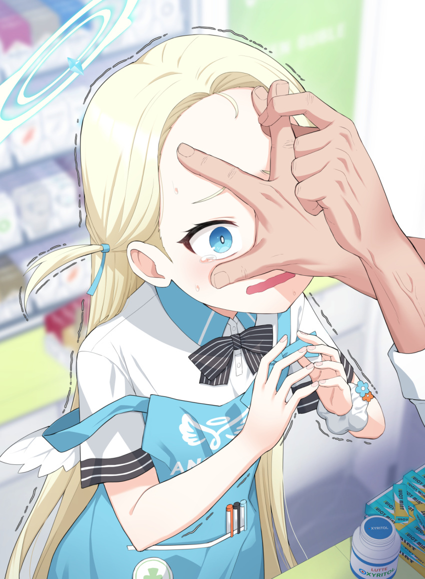 1boy 1girl angel angel_wings blonde_hair blue_archive blue_eyes blurry blurry_background bow bowtie depth_of_field feathered_wings flick forehead forehead_flick halo hand_on_another's_face hand_on_forehead highres long_hair motion_lines out_of_frame pov s-goon scared scrunchie sensei_(blue_archive) solo_focus sora_(blue_archive) tearing_up tears trembling very_long_hair wings wrist_scrunchie