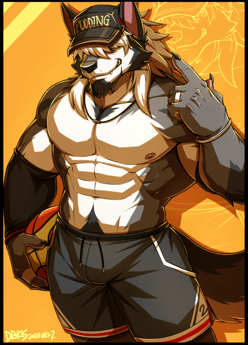 abs absurd_res anthro armwear ball basketball basketball_(ball) basketball_shorts biceps big_muscles canid canine canis clothed clothing domestic_dog drks elbow_gloves fingers fur gloves hair handwear hi_res husky_inu male mammal muscular muscular_anthro muscular_male nipples pecs sleeves smile wolf