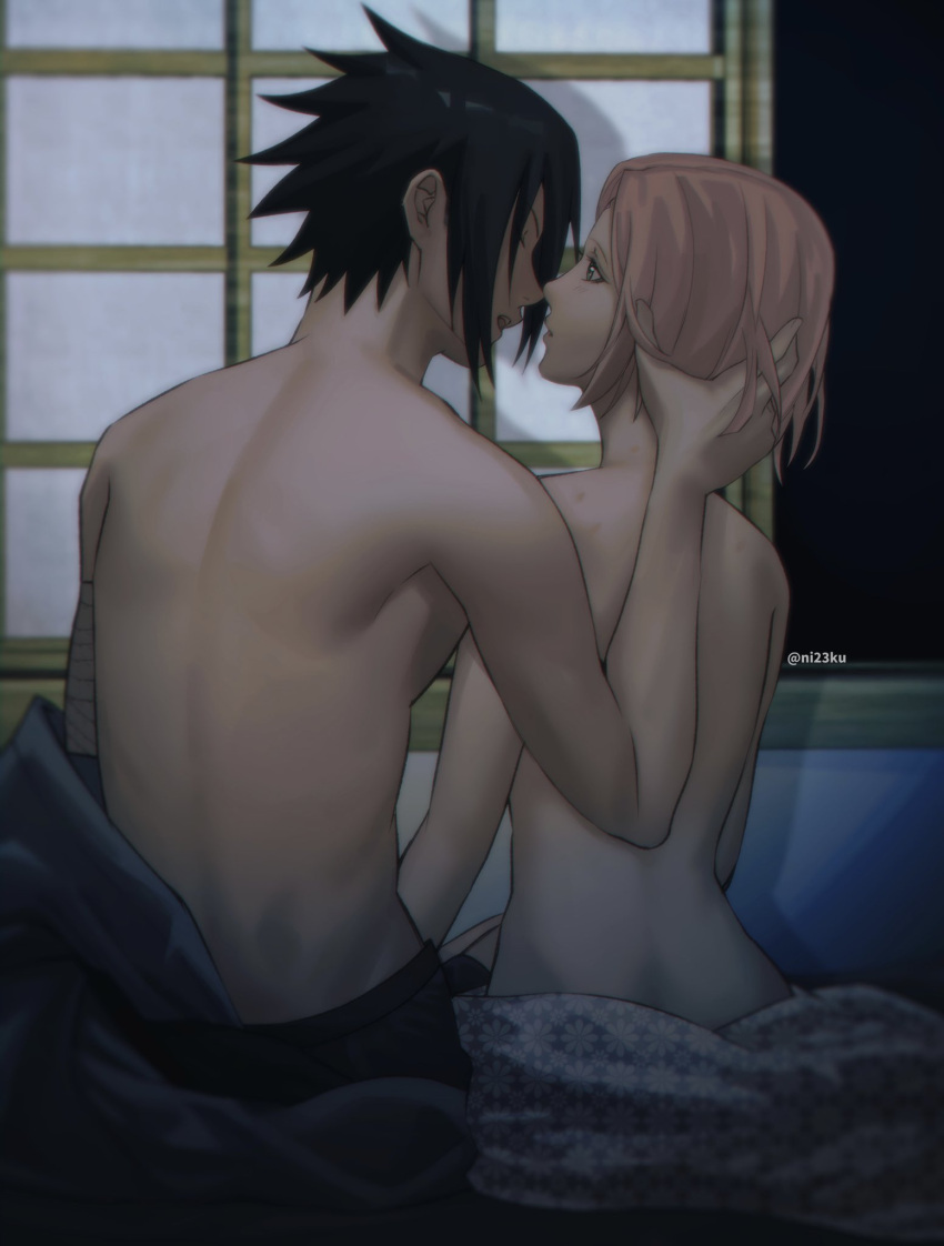 1boy 1girl bandaged_arm bandages black_hair closed_eyes haruno_sakura hetero hickey highres imminent_kiss naruto_(series) naruto_shippuuden niku_(ni23ku) nude pink_hair sitting topless_male twitter_username uchiha_sasuke window