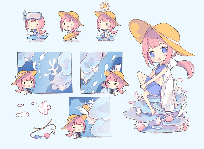 &gt;_&lt; 0_0 1girl :d :o =_= ^^^ artist_name bangs blue_background blue_eyes blue_shirt blue_skirt blunt_bangs blush blush_stickers bow bracelet camera chibi collage commentary coral coral_reef english_commentary fish hair_ribbon hat hat_bow hat_ribbon highres holding holding_camera holding_leg jacket jacket_removed jewelry long_hair looking_at_viewer melanbread multiple_views open_clothes open_jacket open_mouth original pink_hair ponytail ribbon sandals sea_anemone shirt sidelocks simple_background sitting skirt sleeveless smile snorkel sun_hat sun_symbol swimsuit twitter_username watermark white_bow white_jacket white_ribbon yellow_headwear |_|