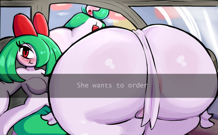 absurd_res anus big_butt blush breasts butt duo female gardevoir generation_3_pokemon hair hair_over_eye he_wants_to_order hi_res huge_butt kirlia larger_female meme nintendo not_furry one_eye_obstructed pokemon pokemon_(species) sath15 size_difference smaller_female video_games