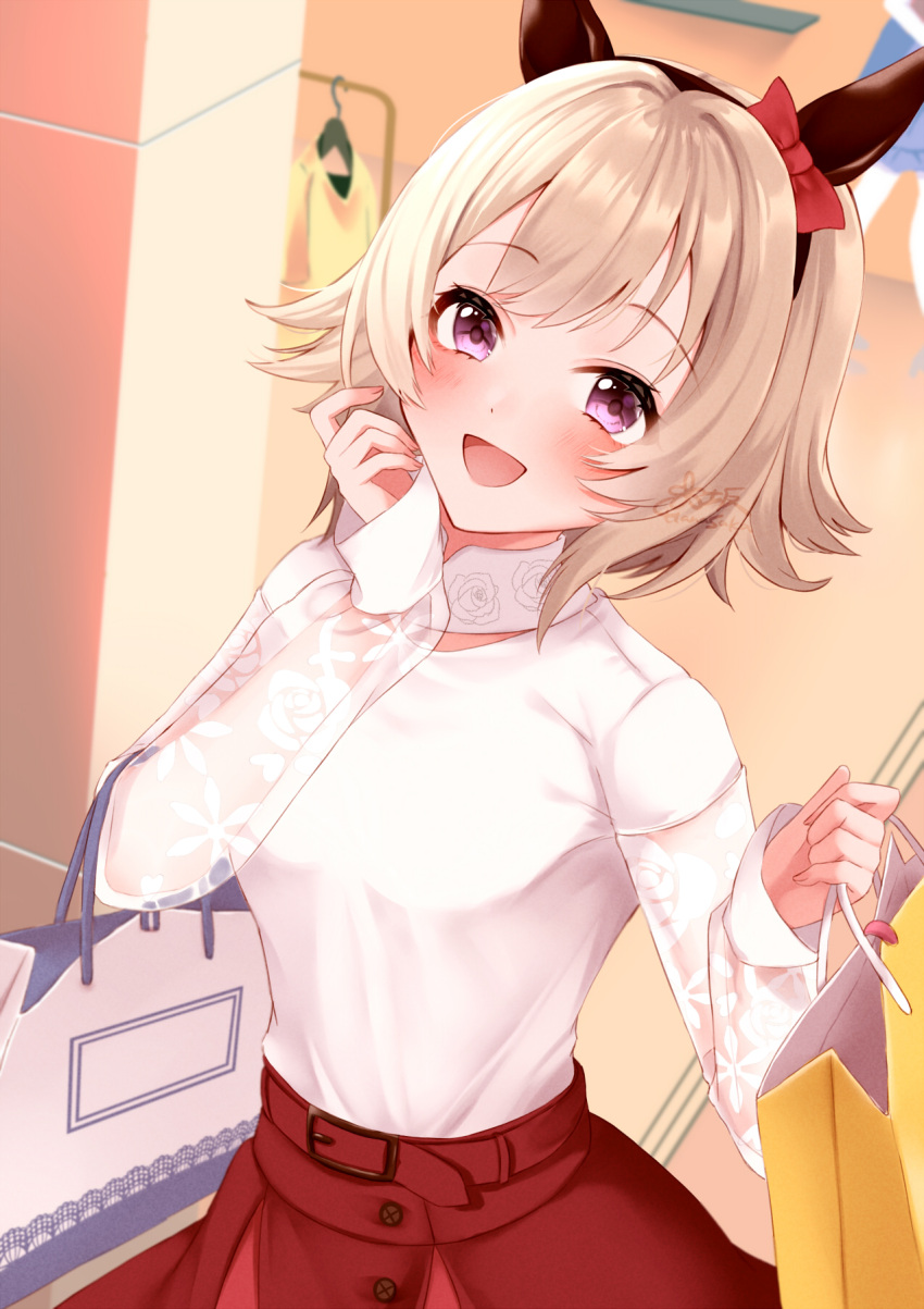 1girl alternate_costume animal_ears bag blush breasts commentary_request curren_chan_(umamusume) hanasaka_(9769z) highres horse_ears horse_girl horse_tail medium_breasts open_mouth purple_eyes shopping shopping_bag short_hair solo tail umamusume white_hair