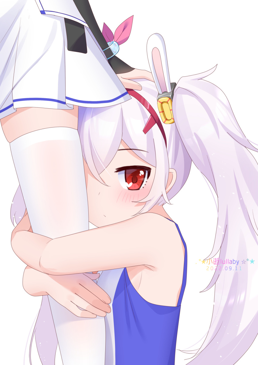 2girls animal_ears armpit_crease artist_name azur_lane bangs bare_shoulders breasts chinese_commentary closed_mouth commentary_request crossed_bangs dated fake_animal_ears hair_between_eyes hairband hand_on_another's_head highres hugging_another's_leg laffey_(azur_lane) light_purple_hair long_hair looking_at_viewer multiple_girls pleated_skirt rabbit_ears red_eyes sideboob simple_background skirt small_breasts tank_top thighhighs twintails white_background white_skirt white_thighhighs xiao_shi_lullaby