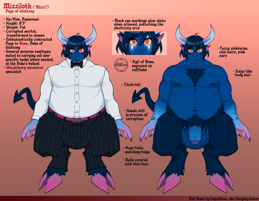 absurd_res anthro balls big_balls big_penis blue_body blue_skin body_hair bottomwear bow_tie bulge chest_hair clothing dark_hair demon dress_shirt facial_hair fingernails flaccid genitals glowing glowing_markings hi_res hooves horn huge_balls humanoid_pointy_ears lapinbeau male markings model_sheet nails overweight overweight_male pants pattern_bottomwear pattern_clothing pattern_pants penis pronouns red_eyes sharp_fingernails sharp_nails shirt sideburns signature solo spade_tail striped_bottomwear striped_clothing striped_pants stripes topwear yellow_sclera