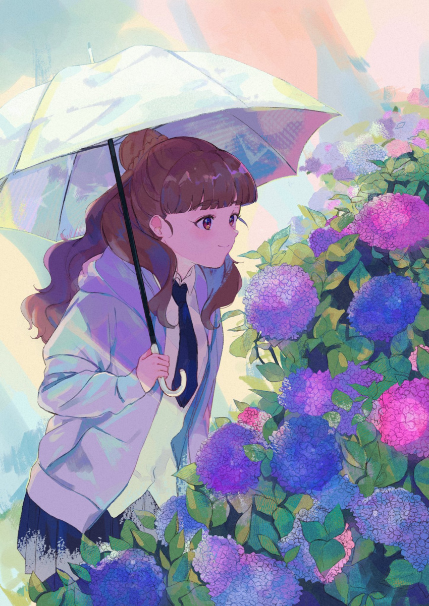 1girl brown_eyes brown_hair flower hair_bun highres holding holding_umbrella hood hydrangea idolmaster idolmaster_cinderella_girls jacket jamu_(yakinikuoi4) kamiya_nao long_hair necktie plant pleated_skirt skirt smile sunlight umbrella