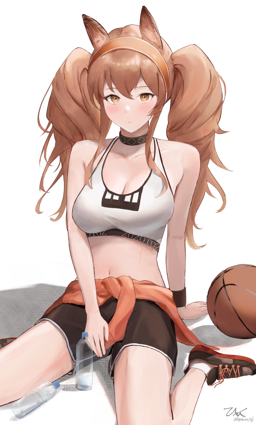 1girl absurdres angelina_(arknights) animal_ears arknights bangs bare_arms bare_shoulders basketball black_choker black_footwear black_shorts blush bottle breasts brown_eyes brown_hair choker cleavage clothes_around_waist commentary_request crop_top fox_ears hair_between_eyes hairband highres hyakuu_ty1 infection_monitor_(arknights) jacket jacket_around_waist large_breasts long_hair looking_at_viewer midriff navel official_alternate_costume revision shoes short_shorts shorts simple_background sitting sneakers solo sports_bra stomach thighs twintails wariza water_bottle white_background wristband