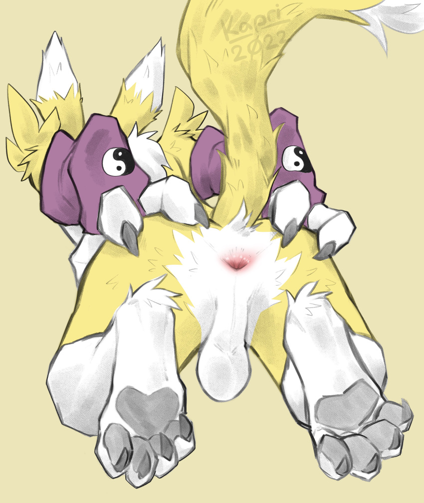 2022 absurd_res anthro anus balls bandai_namco butt canid claws clothing digimon digimon_(species) faceless_character fur genitals gloves gloves_only handwear handwear_only hi_res kapri male mammal mostly_nude paws presenting renamon simple_background solo spread_butt spreading white_body white_fur yellow_body yellow_fur