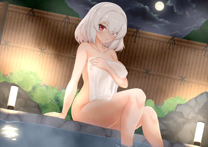 1girl azur_lane bamboo_fence bangs breasts bush collarbone commentary_request covering fence highres kei_fukamiki large_breasts looking_at_viewer moon night night_sky nude nude_cover onsen outdoors red_eyes short_hair sirius_(azur_lane) sky soaking_feet solo star_(sky) steam water wet white_hair