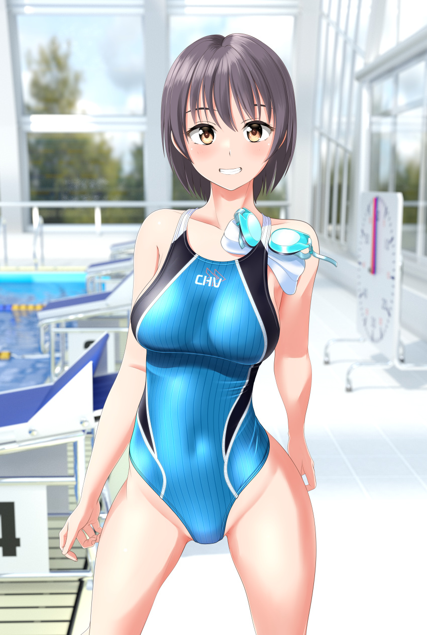 1girl absurdres blue_one-piece_swimsuit breasts brown_eyes clock clothes_writing commentary_request competition_swimsuit contrapposto covered_navel cowboy_shot goggles goggles_removed grey_hair grin groin highres indoors large_breasts looking_at_viewer multicolored_clothes multicolored_swimsuit one-piece_swimsuit original pool poolside short_hair smile solo starting_block striped striped_one-piece_swimsuit swim_cap_removed swimsuit takafumi