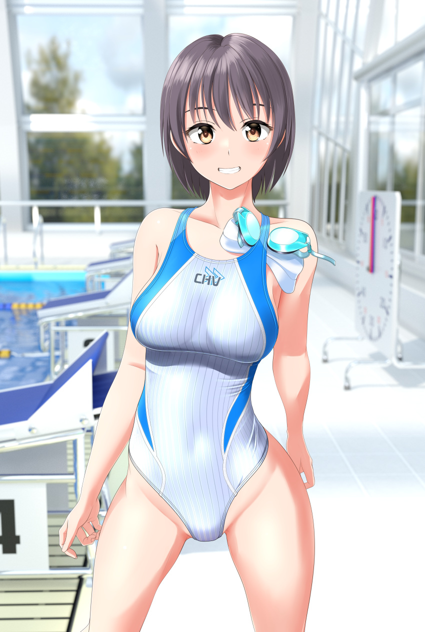 1girl absurdres breasts brown_eyes clock clothes_writing commentary_request competition_swimsuit contrapposto covered_navel cowboy_shot goggles goggles_removed grey_hair grin groin highres indoors large_breasts looking_at_viewer multicolored_clothes multicolored_swimsuit one-piece_swimsuit original pool poolside short_hair smile solo starting_block striped striped_one-piece_swimsuit swim_cap_removed swimsuit takafumi white_one-piece_swimsuit