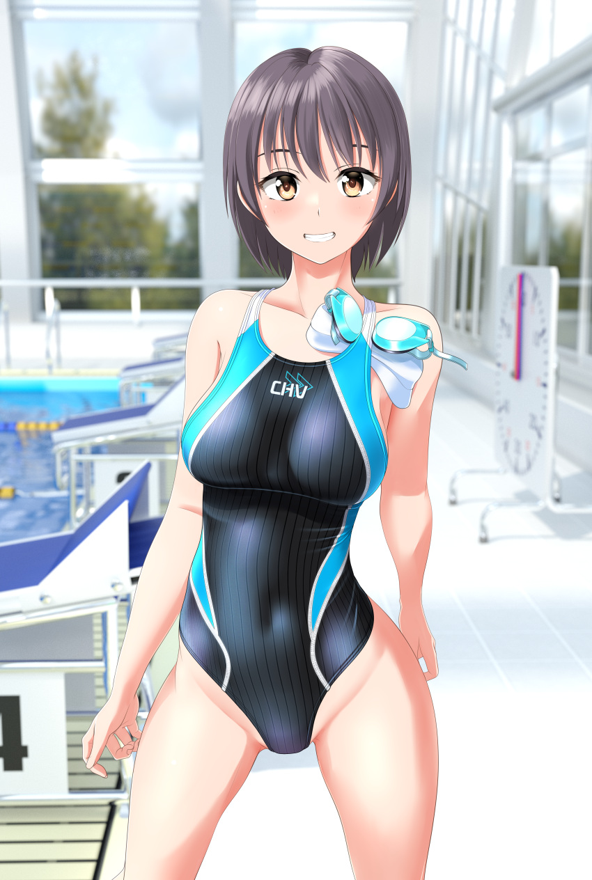 1girl absurdres black_one-piece_swimsuit breasts brown_eyes clock clothes_writing commentary_request competition_swimsuit contrapposto covered_navel cowboy_shot goggles goggles_removed grey_hair grin groin highres indoors large_breasts looking_at_viewer multicolored_clothes multicolored_swimsuit one-piece_swimsuit original pool poolside short_hair smile solo starting_block striped striped_one-piece_swimsuit swim_cap_removed swimsuit takafumi