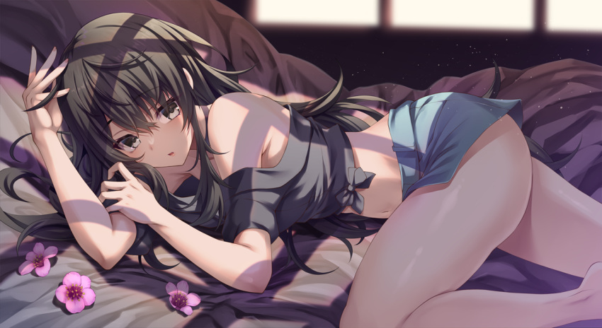 1girl bangs bare_legs bare_shoulders black_bow black_eyes black_hair black_shirt blue_shorts blue_skirt blush bow commission crop_top dappled_sunlight emanon123 feet_out_of_frame flower hair_between_eyes hikinomiya_komori indie_virtual_youtuber indoors light_particles long_hair looking_at_viewer lying midriff miniskirt off_shoulder on_side parted_lips pink_flower shirt short_shorts short_sleeves shorts sidelocks skeb_commission skirt solo sunlight thighs