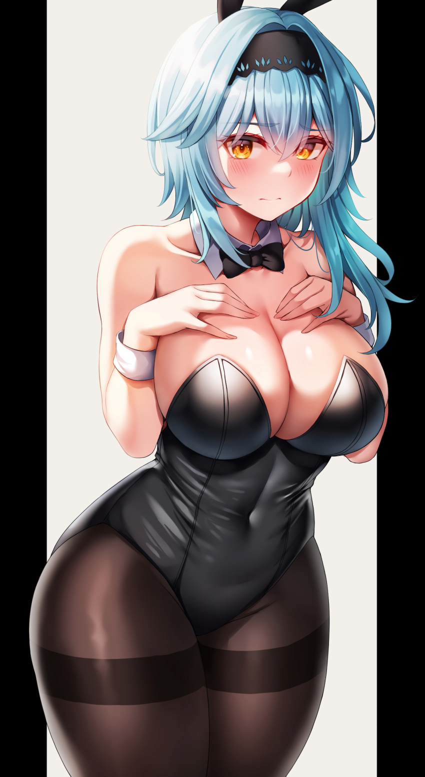 1girl absurdres animal_ears bangs bare_shoulders black_hairband black_leotard blue_hair blush breasts brown_pantyhose cleavage commentary covered_navel detached_collar eula_(genshin_impact) fake_animal_ears genshin_impact hairband hands_on_own_chest highleg highleg_leotard highres large_breasts leotard looking_at_viewer medium_hair nano_(syoutamho) pantyhose playboy_bunny rabbit_ears sidelocks solo strapless strapless_leotard thighband_pantyhose thighs wrist_cuffs yellow_eyes