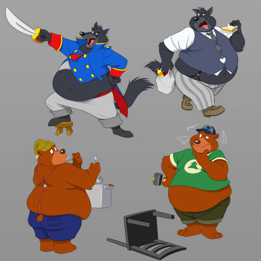 2022 anthro bear_and_breakfast beastars belly big_belly black_body bottomwear brown_body butt canid canine canis clothing cosplay disney don_karnage food hammer hank_(bear_and_breakfast) hat headgear headwear hi_res legoshi_(beastars) male mammal overweight overweight_male pokelai sheriff_of_nottingham shirt shorts talespin tools topwear ursid weapon what wolf