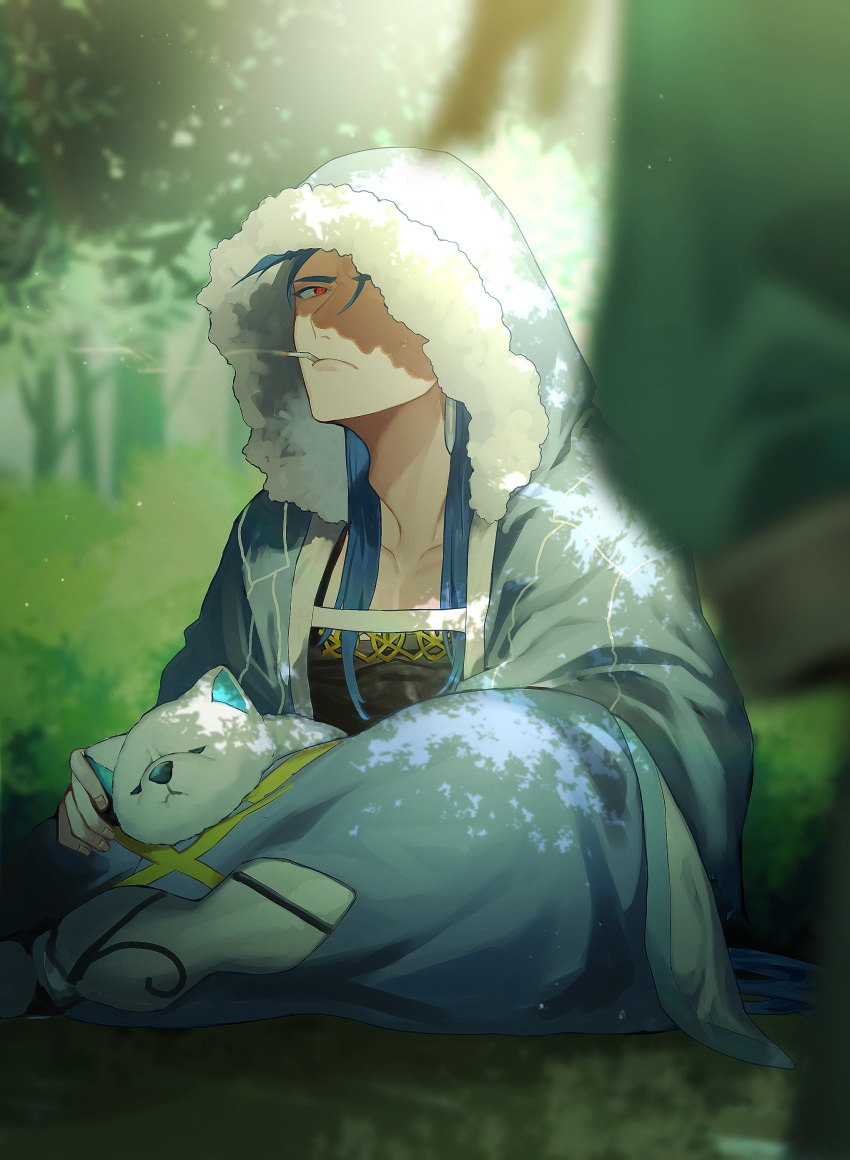 1boy 2boys absurdres animal blue_hair cape capelet cigarette closed_mouth cu_chulainn_(caster)_(fate) cu_chulainn_(fate) dappled_sunlight dog earrings fate/grand_order fate_(series) frown full_body fur-trimmed_hood fur_trim glaring highres hood hood_up hooded_capelet jewelry kenne_28 light_particles light_rays long_hair looking_at_another looking_at_viewer male_focus multiple_boys out_of_frame red_eyes samoyed_(dog) setanta_(fate) smoke smoking solo_focus spiked_hair sunbeam sunlight tree under_tree