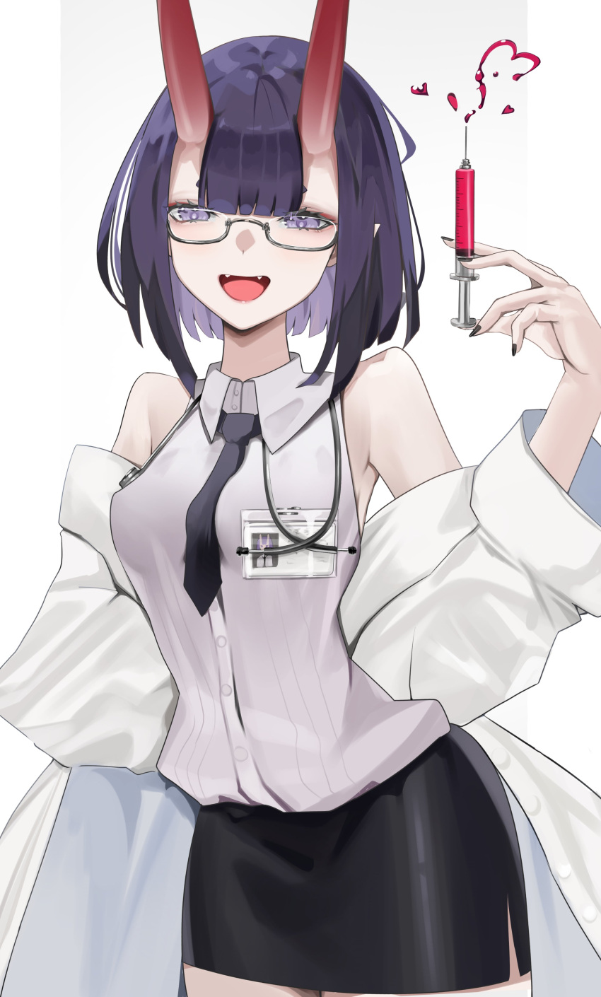 1girl absurdres alternate_costume bangs bare_shoulders bespectacled bob_cut breasts collared_shirt commentary cowboy_shot doctor eyeliner fang fate/grand_order fate_(series) glasses heart highres holding holding_syringe horns labcoat looking_at_viewer makeup medium_breasts necktie off_shoulder oni oni_horns open_mouth pencil_skirt purple_eyes purple_hair san_(harutuki_3) shirt short_hair shuten_douji_(fate) simple_background skin-covered_horns skirt sleeveless sleeveless_shirt smile solo stethoscope syringe white_background