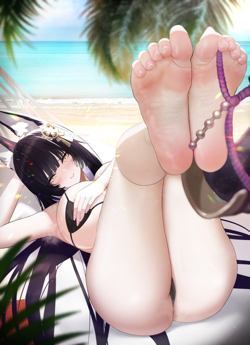1girl absurdres animal_ear_fluff animal_ears ass azur_lane barefoot bikini black_hair breast_hold breasts commission fox_ears hair_ornament highres huge_breasts looking_at_viewer musashi_(azur_lane) skeb_commission soles swimsuit thighs ursica