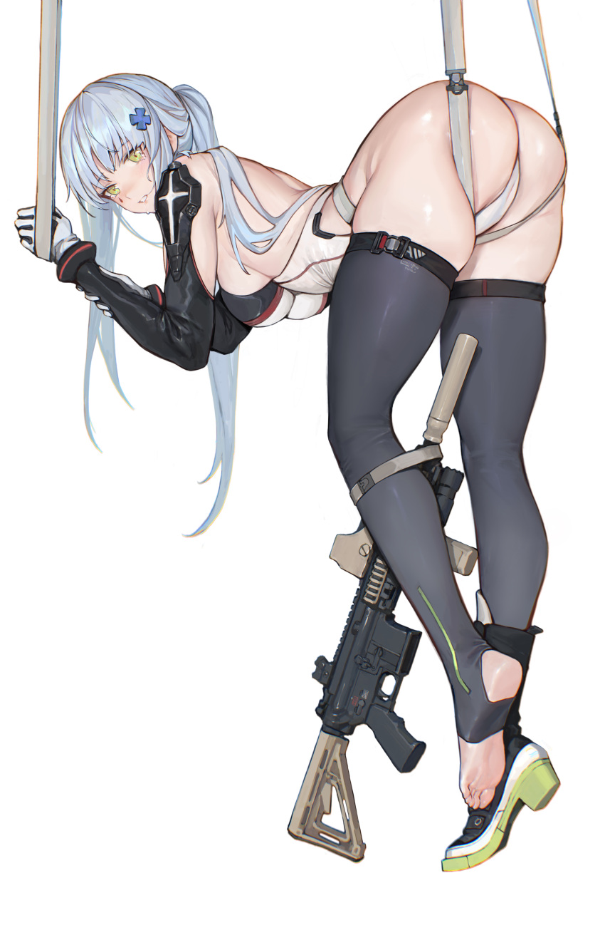 1girl absurdres ass assault_rifle bent_over black_thighhighs blue_hair blush commentary_request cross_hair_ornament full_body girls'_frontline green_eyes gun h&amp;k_hk416 hair_ornament highres hk416_(girls'_frontline) hk416_(midnight_evangelion)_(girls'_frontline) iuui leotard light_blue_hair long_hair looking_at_viewer looking_back parted_lips rifle shoes single_shoe skindentation smile solo stirrup_legwear thighhighs toeless_legwear weapon