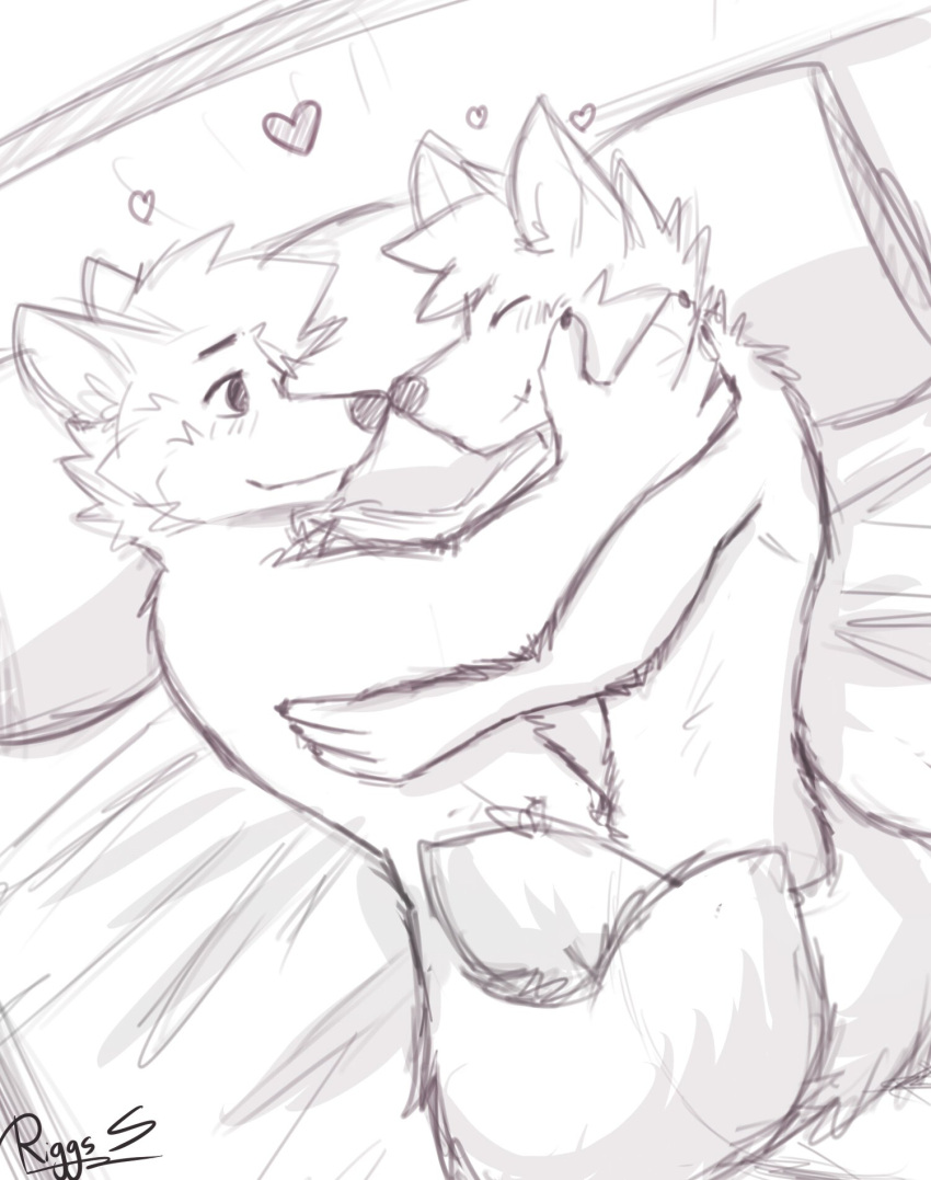 &lt;3 anthro bed blush canid cheek_tuft closed_smile duo eyes_closed facial_tuft furniture hair hand_on_face happy hi_res looking_at_another looking_at_partner lying male mammal monochrome mouth_closed on_bed on_side pache_riggs pillow short_hair signature tuft