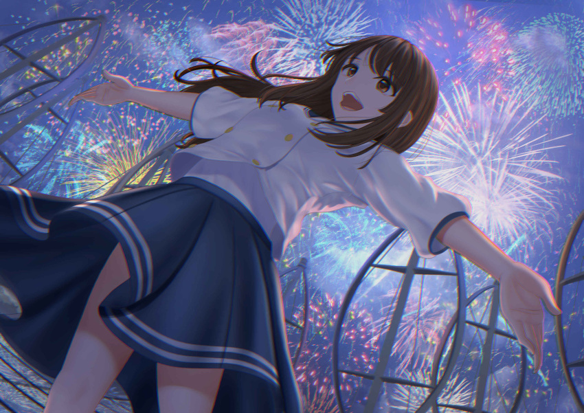 1girl absurdres aerial_fireworks ai_no_utagoe_wo_kikasete blue_skirt brown_eyes brown_hair fireworks from_below highres itsuki_toiro long_hair night night_sky open_mouth outdoors school_uniform shion_(ai_no_utagoe_wo_kikasete) shirt skirt sky solo white_shirt