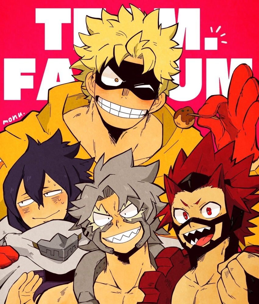 4boys amajiki_tamaki black_hair black_mask blonde_hair blush boku_no_hero_academia character_name clenched_hand closed_mouth collarbone commentary_request eye_mask fat_gum_(boku_no_hero_academia) food gloves grey_hair grin highres holding holding_food hood hoodie kirishima_eijirou looking_at_viewer male_focus monu multiple_boys one_eye_closed open_mouth red_background red_eyes red_gloves red_hair sharp_teeth short_hair simple_background smile spiked_hair sweat takoyaki teeth tetsutetsu_tetsutetsu toothpick yellow_eyes yellow_hoodie