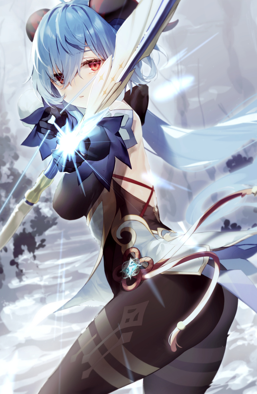1girl absurdres ahoge amos'_bow_(genshin_impact) ass backless_outfit bangs black_pantyhose blue_gloves blue_hair bow_(weapon) breasts chinese_knot cowboy_shot detached_sleeves drawing_bow flower_knot ganyu_(genshin_impact) genshin_impact gloves gold_trim highres holding holding_bow_(weapon) holding_weapon horns long_hair looking_at_viewer low_ponytail medium_breasts pantyhose purple_eyes sidelocks snow solo tamafurin tassel thighlet vision_(genshin_impact) weapon white_sleeves