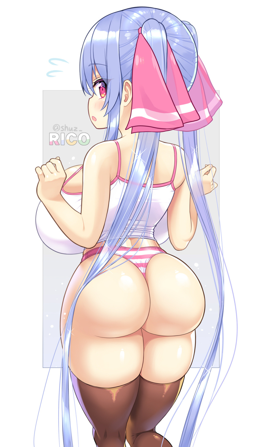 1girl ass ass_focus back blush breasts brown_thighhighs bursting_breasts from_behind highres huge_ass huge_breasts impossible_clothes long_eyelashes long_hair looking_at_viewer looking_back oppai_loli original panties pink_eyes purple_hair riko_(shuz) shuz_(dodidu) sideboob solo striped striped_panties thick_thighs thighhighs thighs undersized_clothes underwear