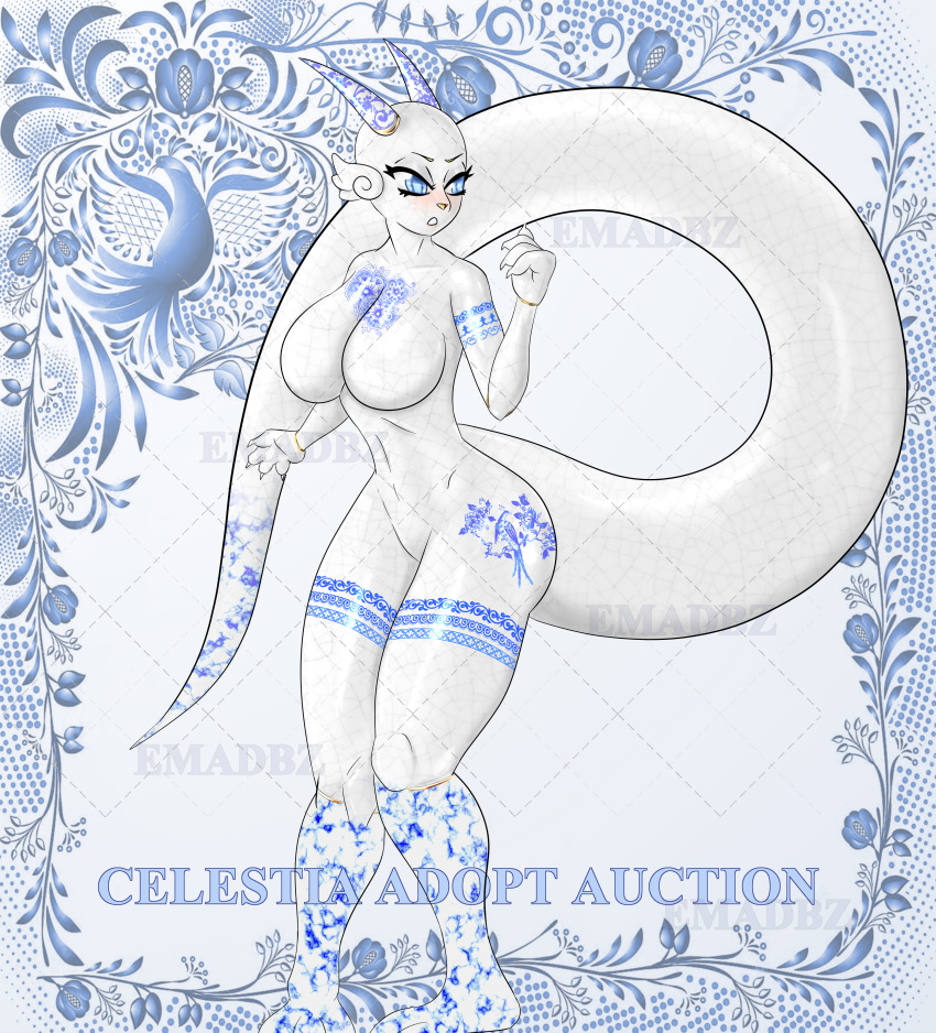 absurd_res anthro blue_eyes clothing dragon emadbz female for_adoption hi_res horn legwear solo thigh_highs